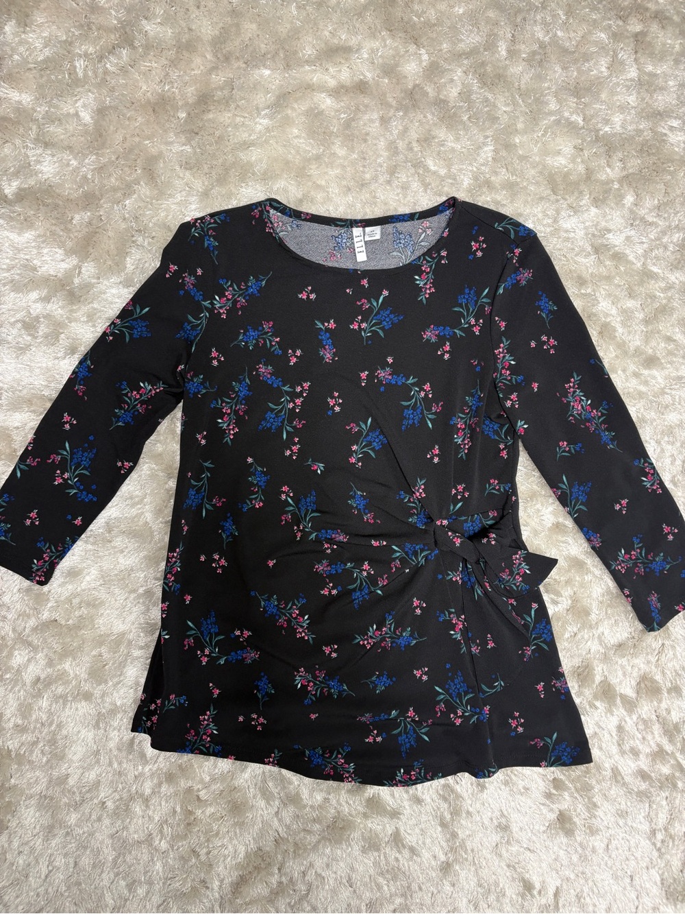 Elle Women’s Black Floral Knot-Front Long Sleeve Top, asymmetrical hemline